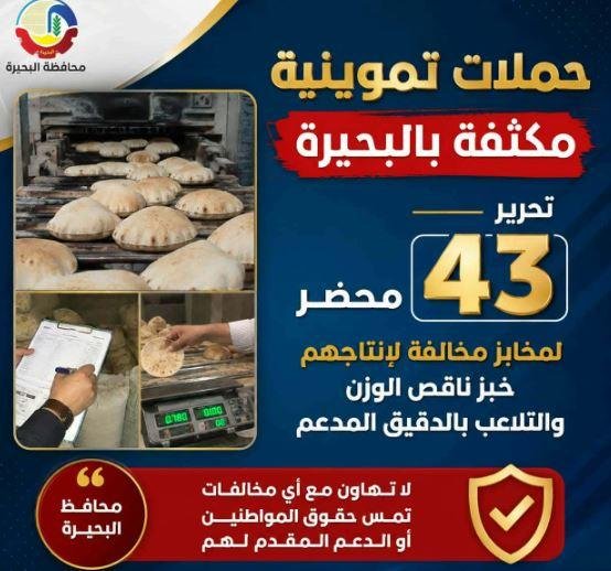 خبز ناقص وتلاعب بالدقيق المدعم.. تحرير 43 محضرا لمخابز مخالفة بالبحيرة